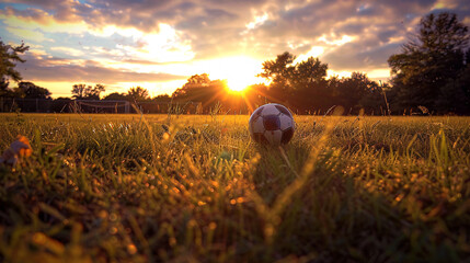 a lone leather black and white pentagon soccer ball resting peacefully on the green pitch