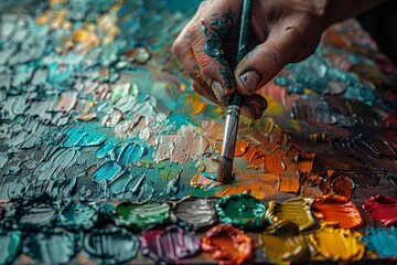 The hand of an artist meticulously adds texture to a vibrant painting, highlighting the beauty of...