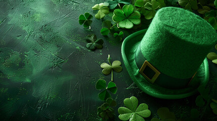 Crafting a visually striking composition combining St Patricks Day symbols like a green hat and clover leaf in a fresh and original manner - obrazy, fototapety, plakaty