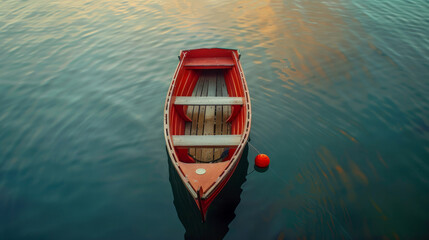 Obraz premium A small boat is floating on a calm blue lake. The sky is cloudy, and the water is still. The scene is peaceful and serene, with the boat being the only object in the water. small boat, big dreams