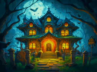 Obraz na płótnie Canvas Spooky house with spooky creatures