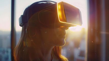 Woman wearing a virtual reality headset and looking at the city.