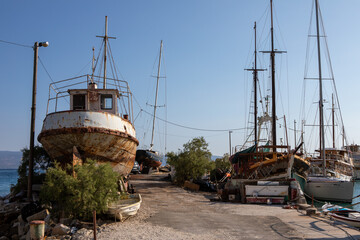 August, 2022- Croatia- Fishing boats, stranded on the coast in Dalmatia, Croatia, EU