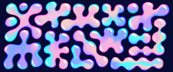 3D holo colors abstract liquid shapes set. Inflated slime objects. Realistic vector elements collection.
