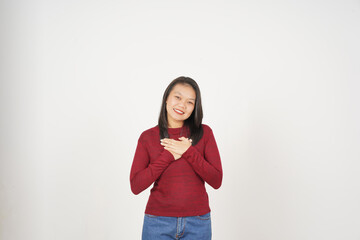 Young Asian woman in Red t-shirt Hand on chest, grateful concept isolated on white background