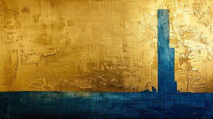 Gold texture with blue and painting with a skyscraper on a canvas