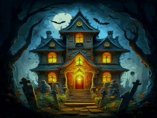 Obraz na płótnie Canvas Spooky house with spooky creatures