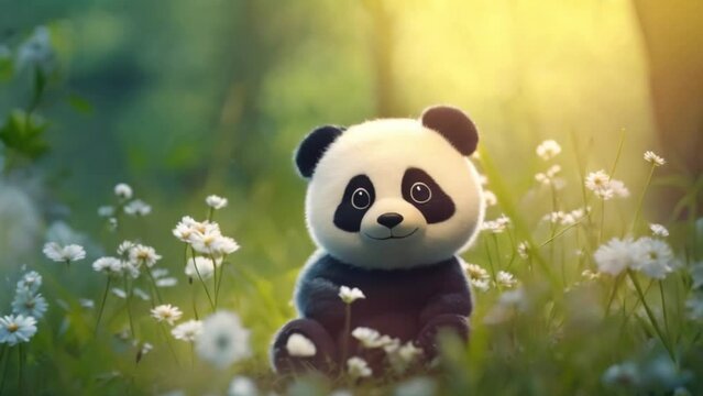 video of a panda in a flower garden