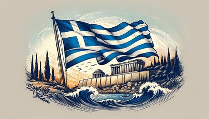 Obraz premium Sketchy style illustration for greek independence day with a waving flag and a background of iconic greek scenery.