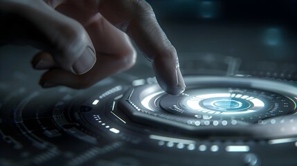 Obraz premium AI Interface Come to Life: Hand Poised Over Glowing Circular Button