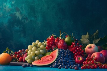 A vibrant array of fruits, with succulent raspberries, plump blueberries, and juicy grapes taking center stage, creates a lush mosaic of natural colors. - obrazy, fototapety, plakaty