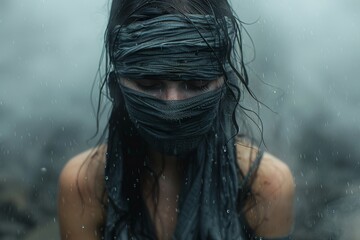 A dramatic image of a woman with fabric draped over her head in the pouring rain