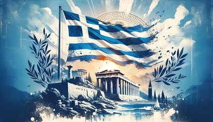Illustration for greek independence day in a grunge style with greek symbols. - obrazy, fototapety, plakaty