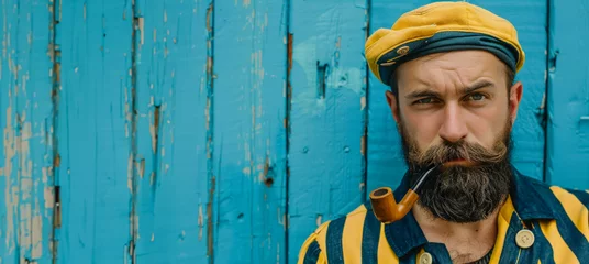 Zelfklevend Fotobehang A man with a yellow hat and a pipe in his mouth. He looks angry and is looking at the camera. classic bearded sailor with a yellow hat and a pipe © Nataliia_Trushchenko