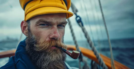 Zelfklevend Fotobehang A man with a yellow hat and a pipe in his mouth. He looks angry and is looking at the camera. classic bearded sailor with a yellow hat and a pipe © Nataliia_Trushchenko