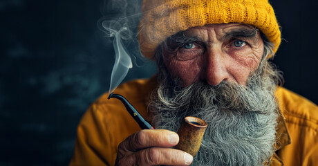 A man with a yellow hat and a pipe in his mouth. He looks angry and is looking at the camera. classic bearded sailor with a yellow hat and a pipe - obrazy, fototapety, plakaty