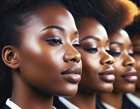Retrato corporativo de tr&ecirc;s mulheres negras com express&atilde;o s&eacute;ria no rosto.