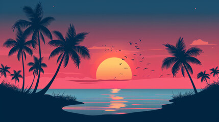 Fototapeta na wymiar Picturesque beach landscape with tropical palm trees at sunrise, minimalist style