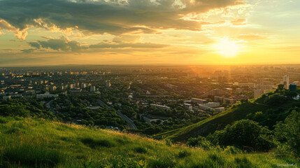 Panorama view from a green hill on a city at sunset