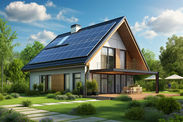 Modern house with solar panels installed on the roof