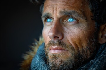 A rugged man with striking blue eyes and a thoughtful, intense gaze conveys depth and emotion - obrazy, fototapety, plakaty