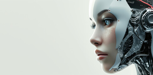 Futuristic human android robot face with head full of technology neural system. Concept of artificial intelligence.	
