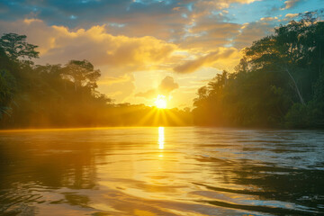 Tropical river flow through the jungle forest at sunrise