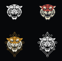 Premium, Playful, Masculine, Colorful, Cartoon Esoteric Tiger Head Roaring Illustration Set Logo Mascot And T-shirt Design With Black Background