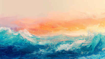 Oil painting style. Colorful sky and ocean wave abstract background. 