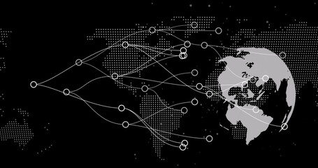 Digital image of network of connections over spinning globe and world map on black background