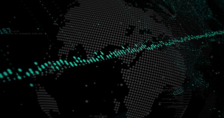 Digital image of data processing and changing numbers over spinning globe on black background