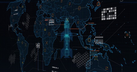 Digital image of interface with data processing over world map against black background