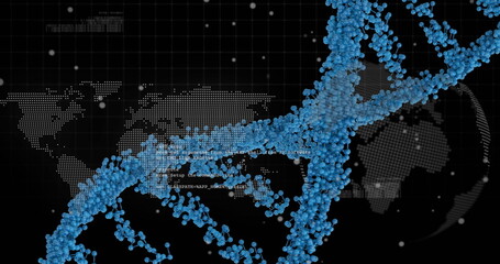 Dna structure and data processing over world map and spinning globe against black background