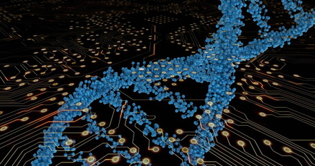 Image of data processing and dna strand over black background