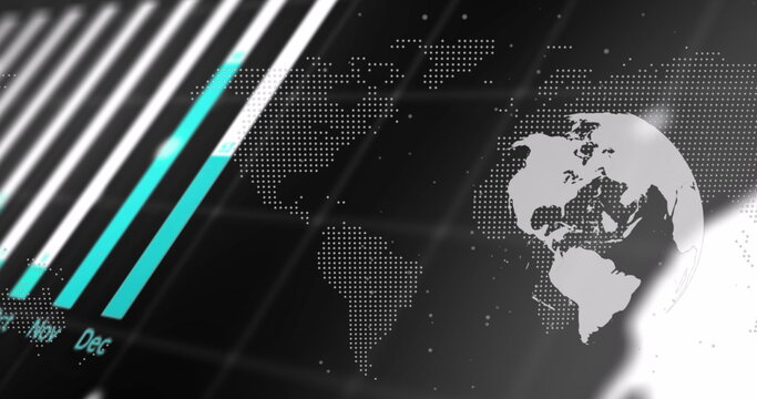 Digital image of statistical data processing over globe and world map on black background