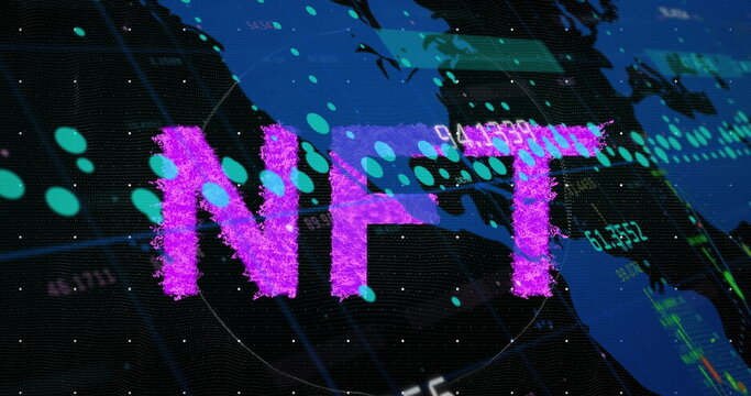 Digital image of purple nft text banner over world map against black background
