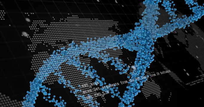 Digital image of dna structure and data processing over world map against black background - Powered by Adobe