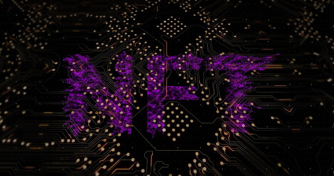 Digital image of purple nft text banner over microprocessor connections on black background