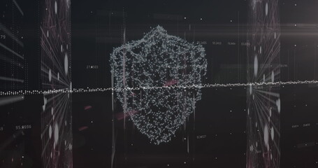 Image of financial graphs and digital shield on black background