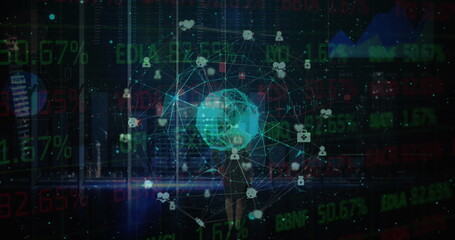 Globe of medical icons spinning over businesswoman against data processing on black background