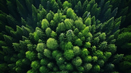 Drone captures forest canopy absorbing co2  green trees for carbon neutrality and net zero emissions - obrazy, fototapety, plakaty