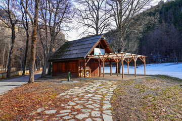 Wooden shed in the Parc de la Schappe in Briançon, a small town of the Hautes-Alpes department in...