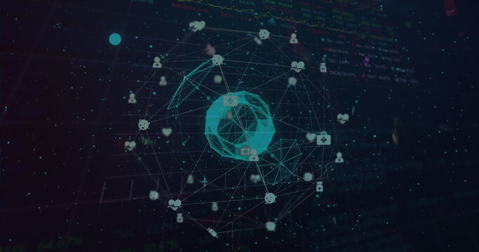 Globe of medical icons spinning over data processing on blue background
