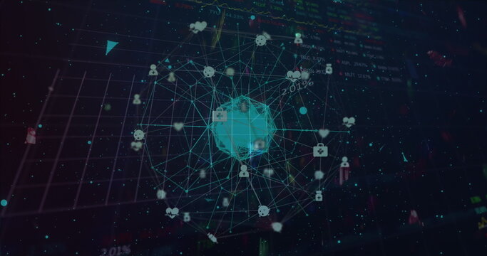 Globe of medical icons spinning over data processing on blue background