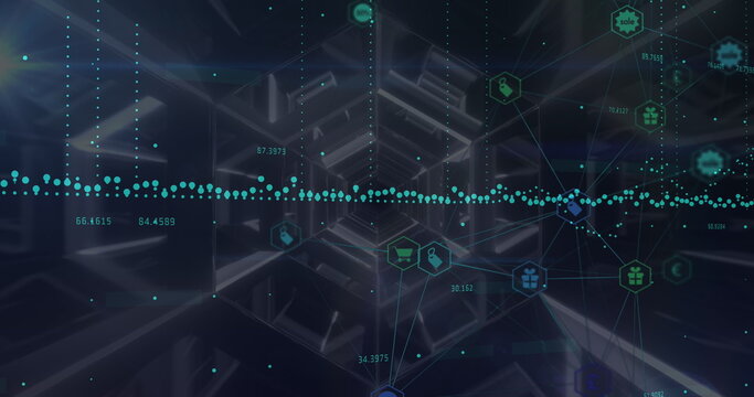 Data processing and network of digital icons over hexagonal tunnel against black background
