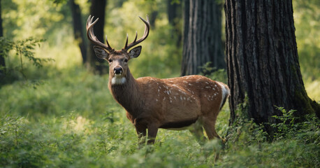 Majestic buck deer with velvet antlers in lush forest setting during summer.
