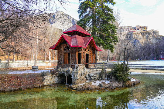 Pagoda of the Parc de la Schappe in Brian&ccedil;on, a small town of the Hautes-Alpes department in the French Alps