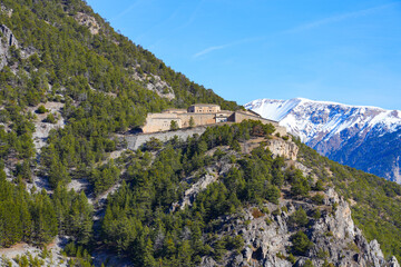 Fototapeta na wymiar Fort des Salettes fortress built by Vauban on a rocky outcrop above the Alpine town of Briançon near the Italian border in the French department of Hautes-Alpes