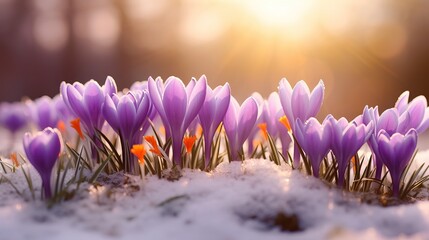 Spring awakening background - Closeup of blooming purple crocuses in snow, illuminated by the morning sun.