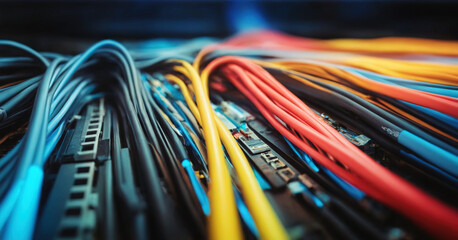 Abstract image of fiberoptic cables, symbolizing high-speed internet and digital communication technology. - obrazy, fototapety, plakaty